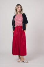 Model trägt einen dunkelblauen Kurzarm-Sweater mit Reißverschluss, ein rot-weiß gestreiftes Shirt, einen roten Rock - alles von der Marke Joop!