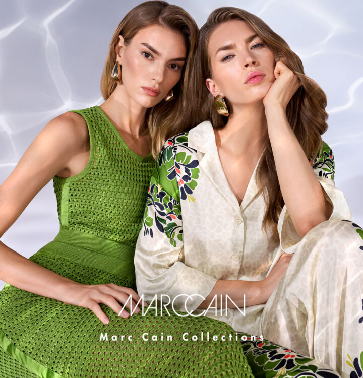 2 Models mit einem grünen Kleid und einem beigen Anzug von Marc Cain für den Frühling 2026